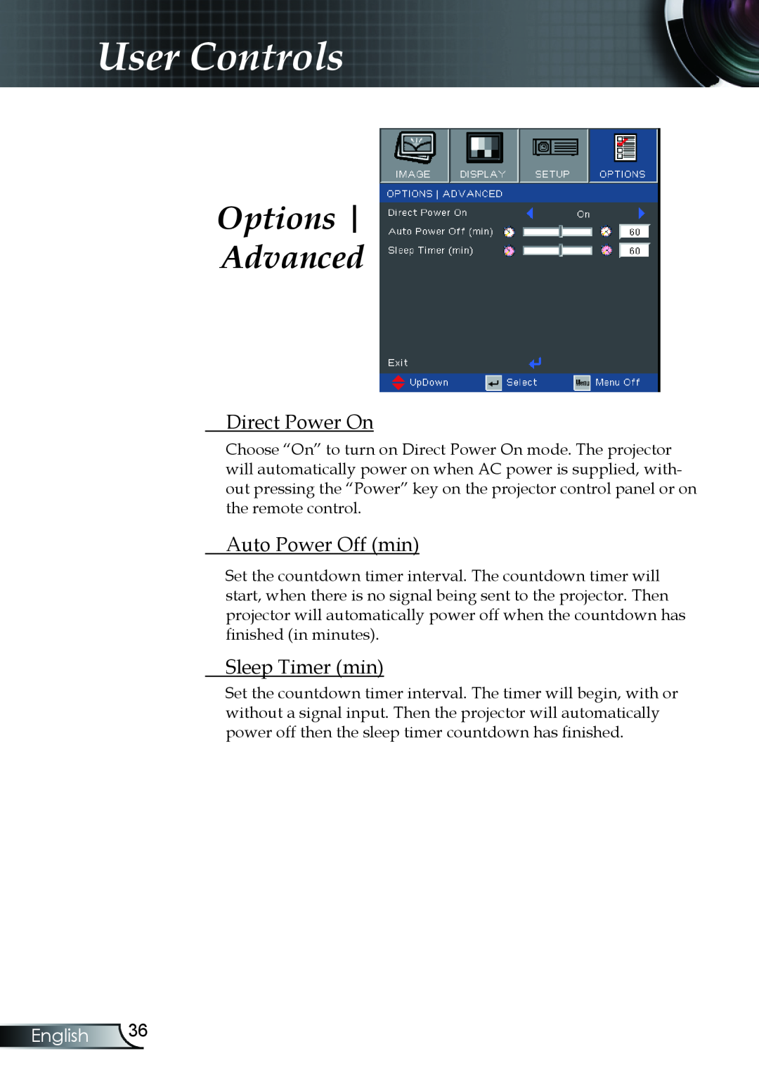 Optoma Technology TX330 Options Advanced, Direct Power On, Auto Power Off min, Sleep Timer min, User Controls, English 