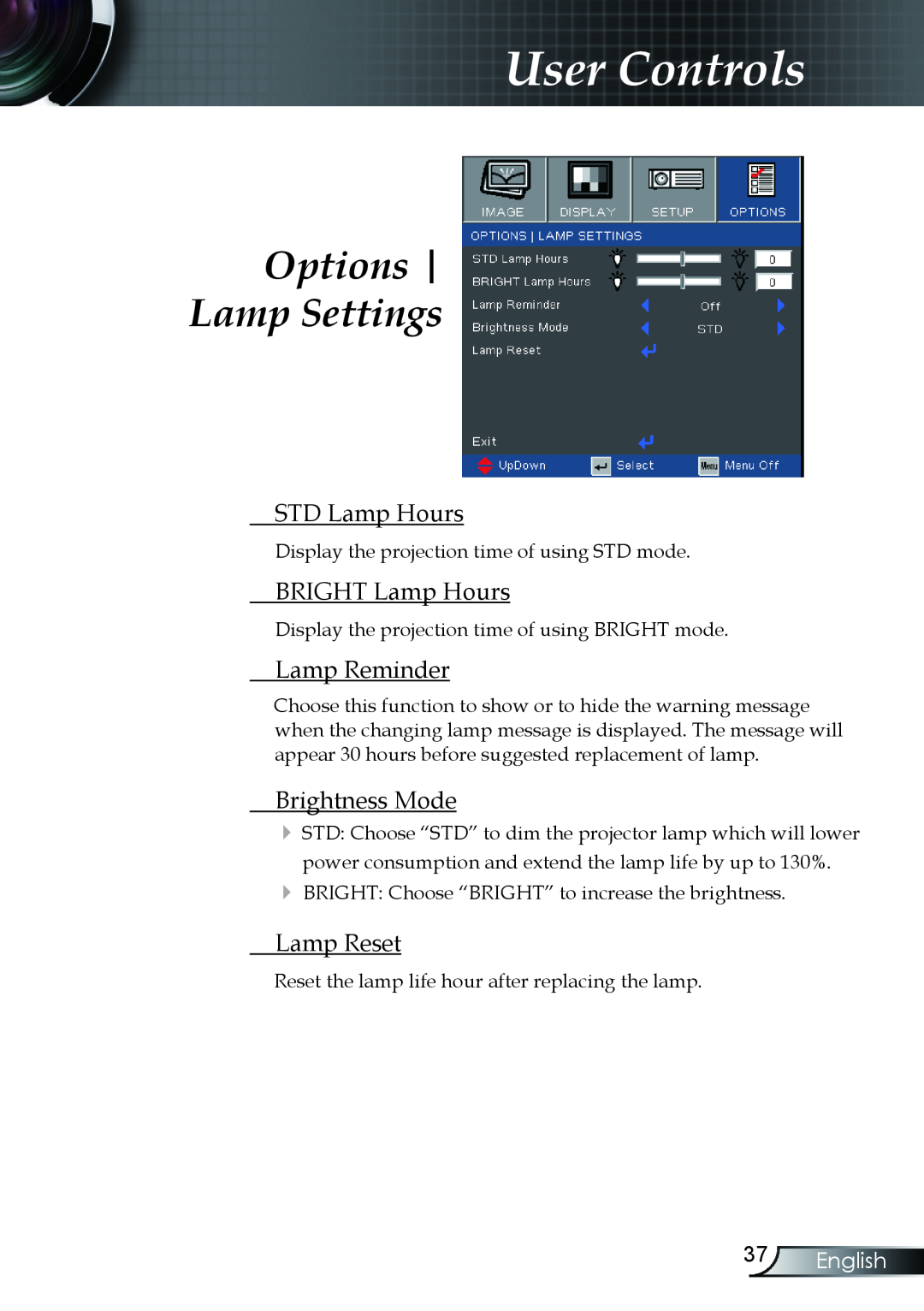 Optoma Technology TX330 Options Lamp Settings, STD Lamp Hours, BRIGHT Lamp Hours, Lamp Reminder, Brightness Mode, English 