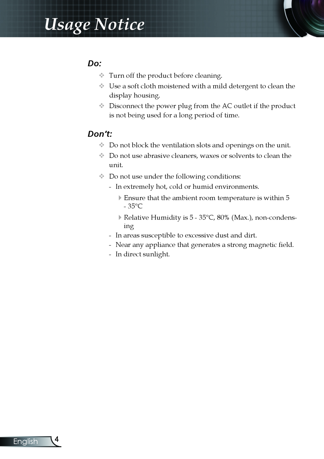 Optoma Technology TX330 manual Usage Notice, Don’t, English 