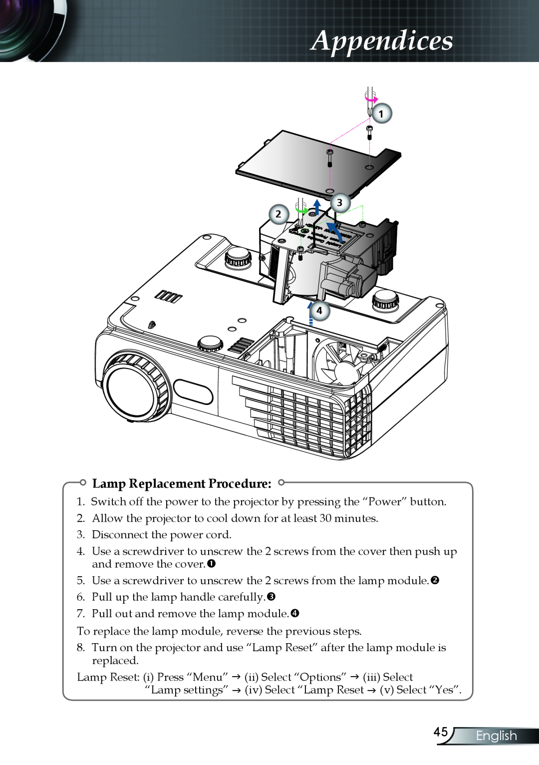 Optoma Technology TX330 manual Lamp Replacement Procedure, English, Appendices 