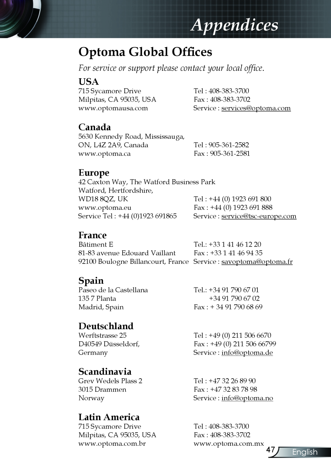 Optoma Technology TX330 manual Canada, Europe, France, Spain, Deutschland, Scandinavia, Latin America, Appendices, English 