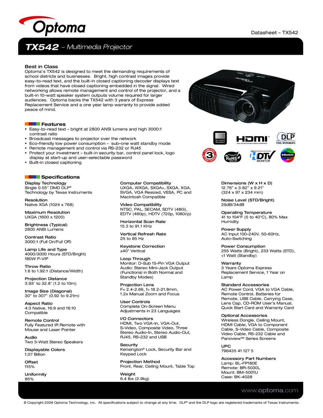 Optoma Technology specifications TX542 − Multimedia Projector, Datasheet TX542, Best in Class, Features, Specifications 