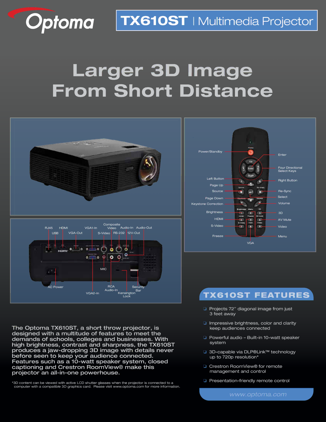 Optoma Technology manual Larger 3D Image From Short Distance, TX610ST Features 