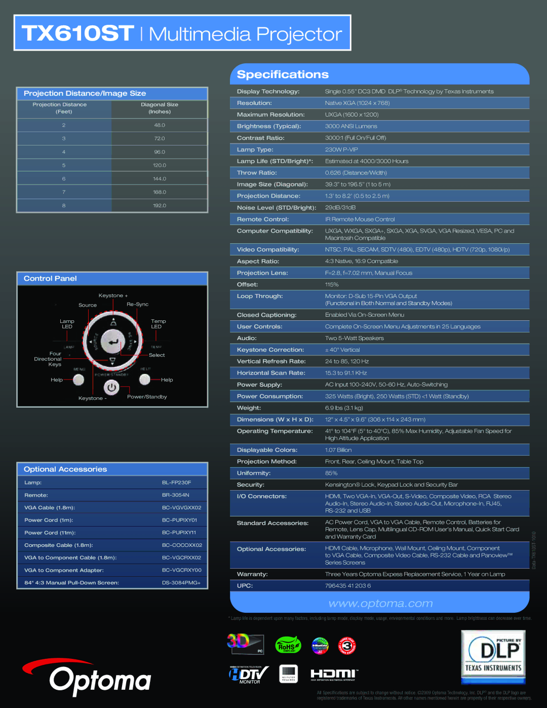 Optoma Technology TX610ST manual Specifications, Projection Distance/Image Size, Control Panel, Optional Accessories, Upc 