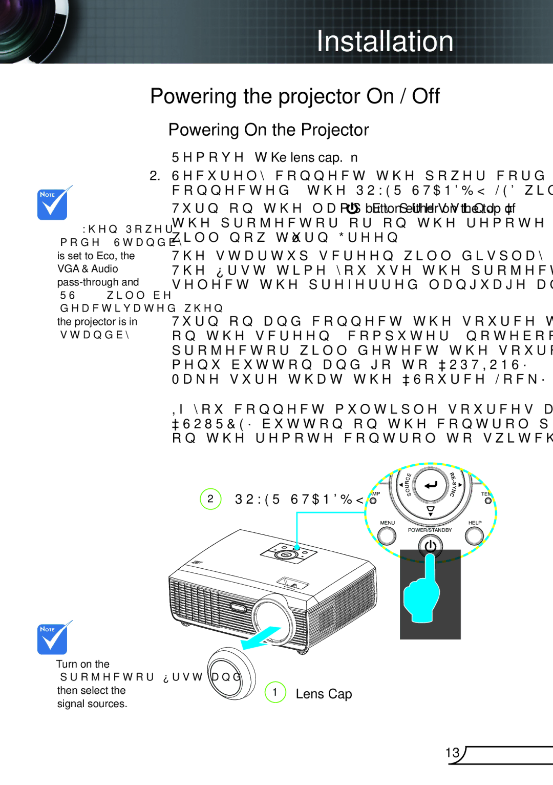 Optoma Technology TX610ST manual Powering the projector On / Off, Powering On the Projector 