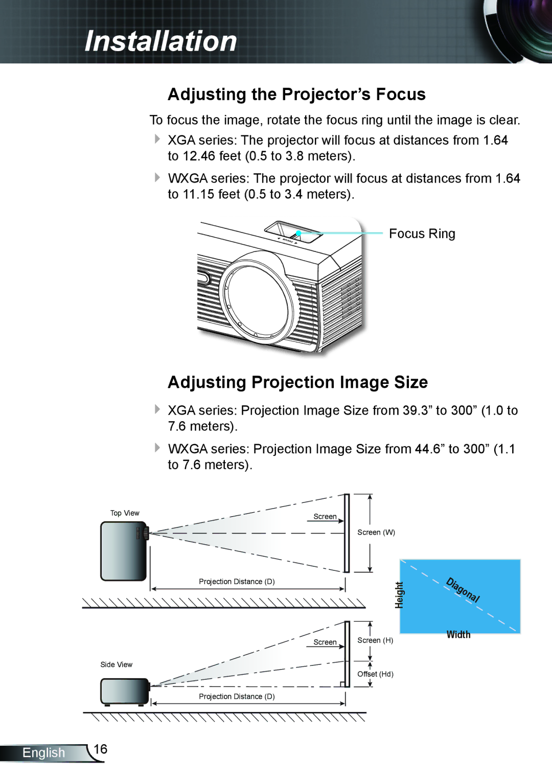 Optoma Technology TX610ST manual Adjusting the Projector’s Focus, Adjusting Projection Image Size 