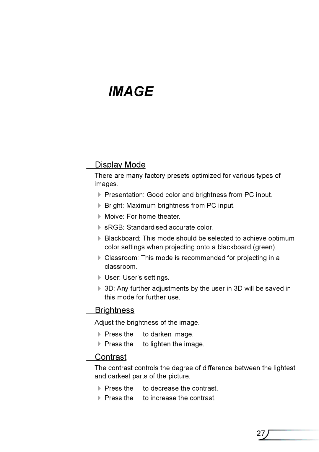 Optoma Technology TX610ST manual Display Mode, Brightness, Contrast 