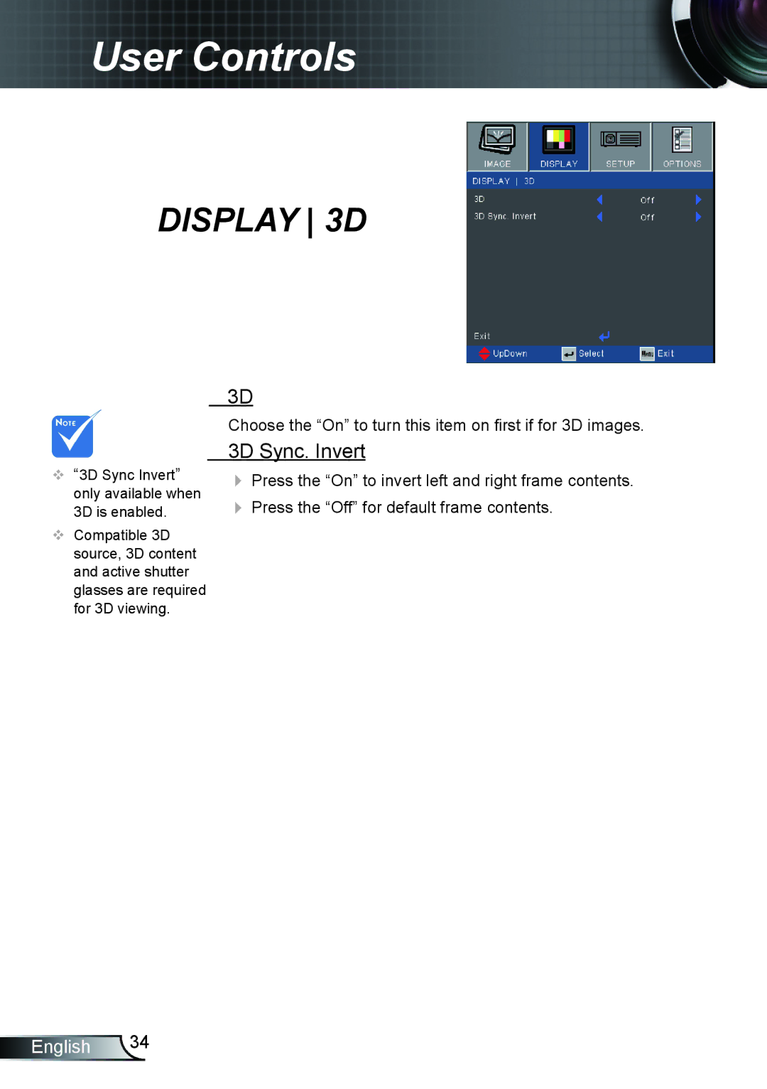 Optoma Technology TX610ST manual Display 3D, 3D Sync. Invert 