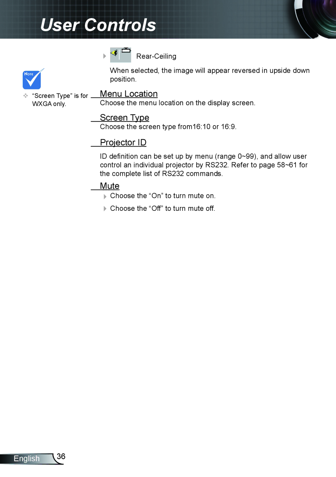 Optoma Technology TX610ST manual Menu Location, Screen Type, Projector ID, Mute 