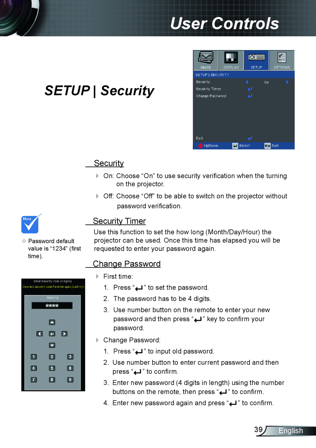 Optoma Technology TX610ST manual Security Timer, Change Password 