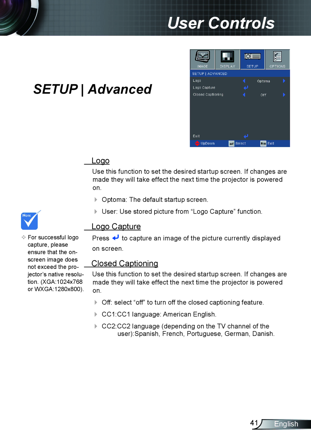 Optoma Technology TX610ST manual Logo Capture, Closed Captioning 