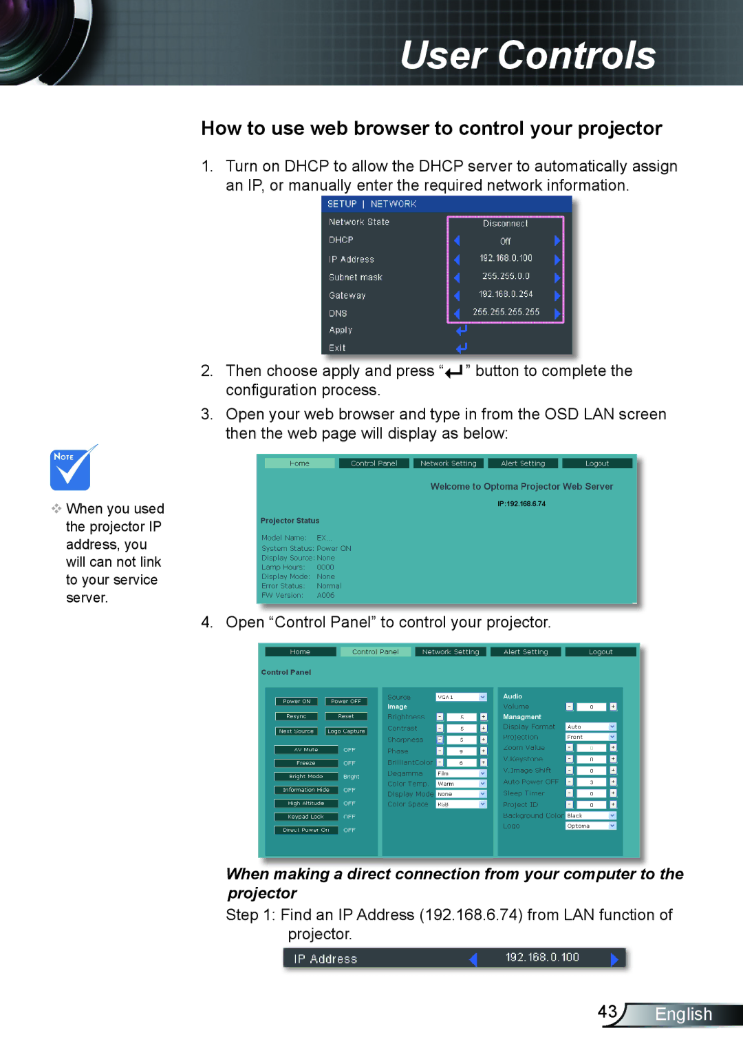 Optoma Technology TX610ST manual How to use web browser to control your projector 