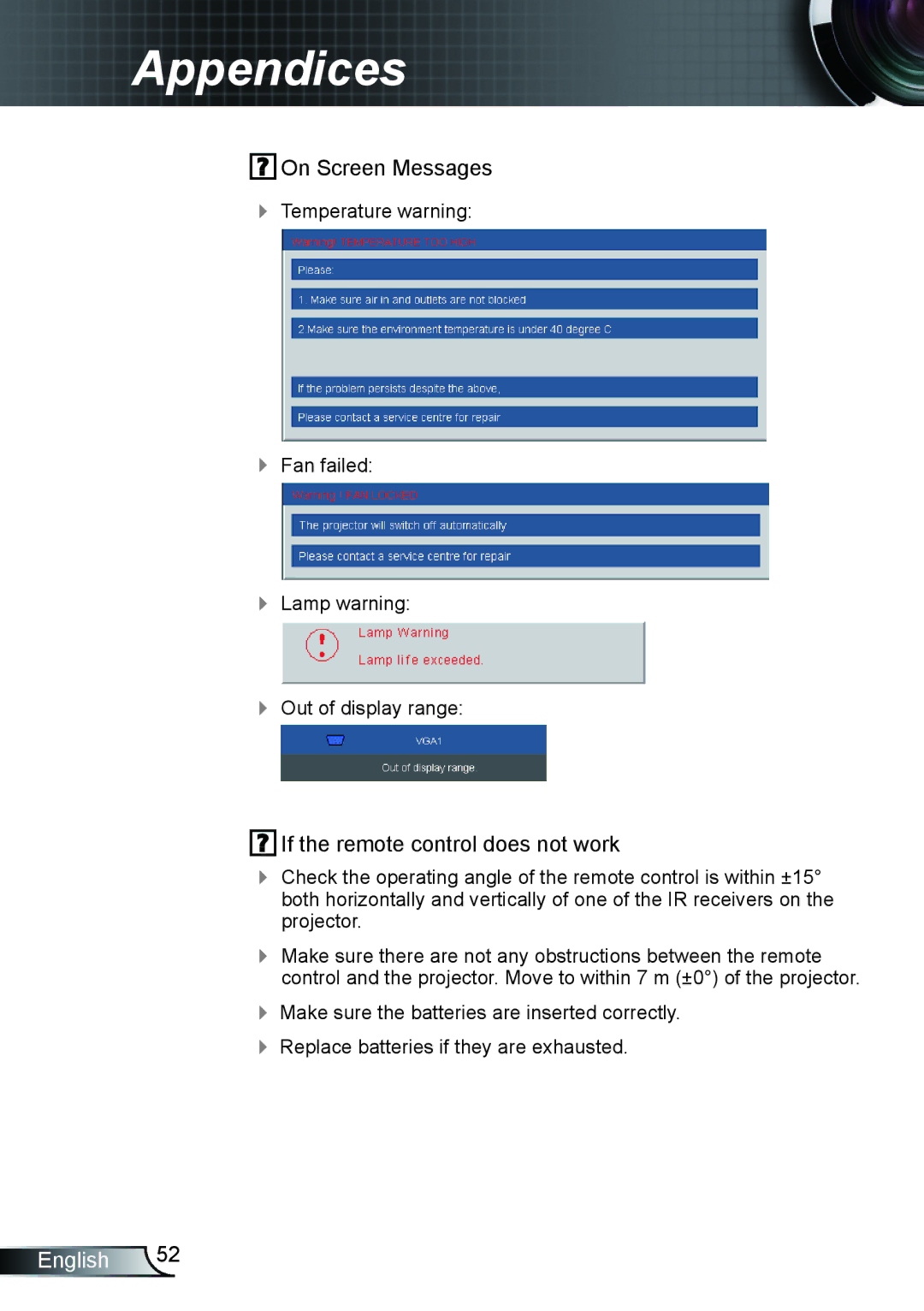 Optoma Technology TX610ST manual On Screen Messages 