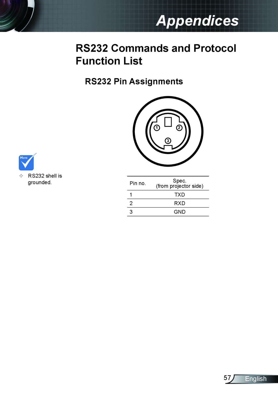 Optoma Technology TX610ST manual RS232 Commands and Protocol Function List, RS232 Pin Assignments 