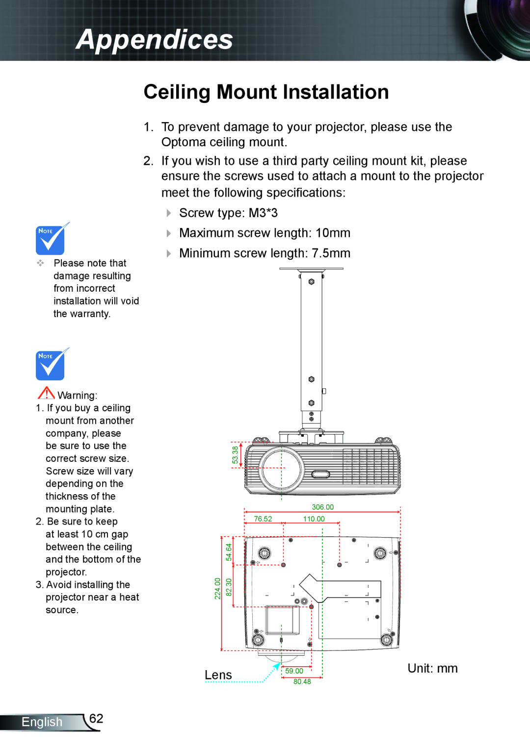 Optoma Technology TX610ST manual Ceiling Mount Installation 