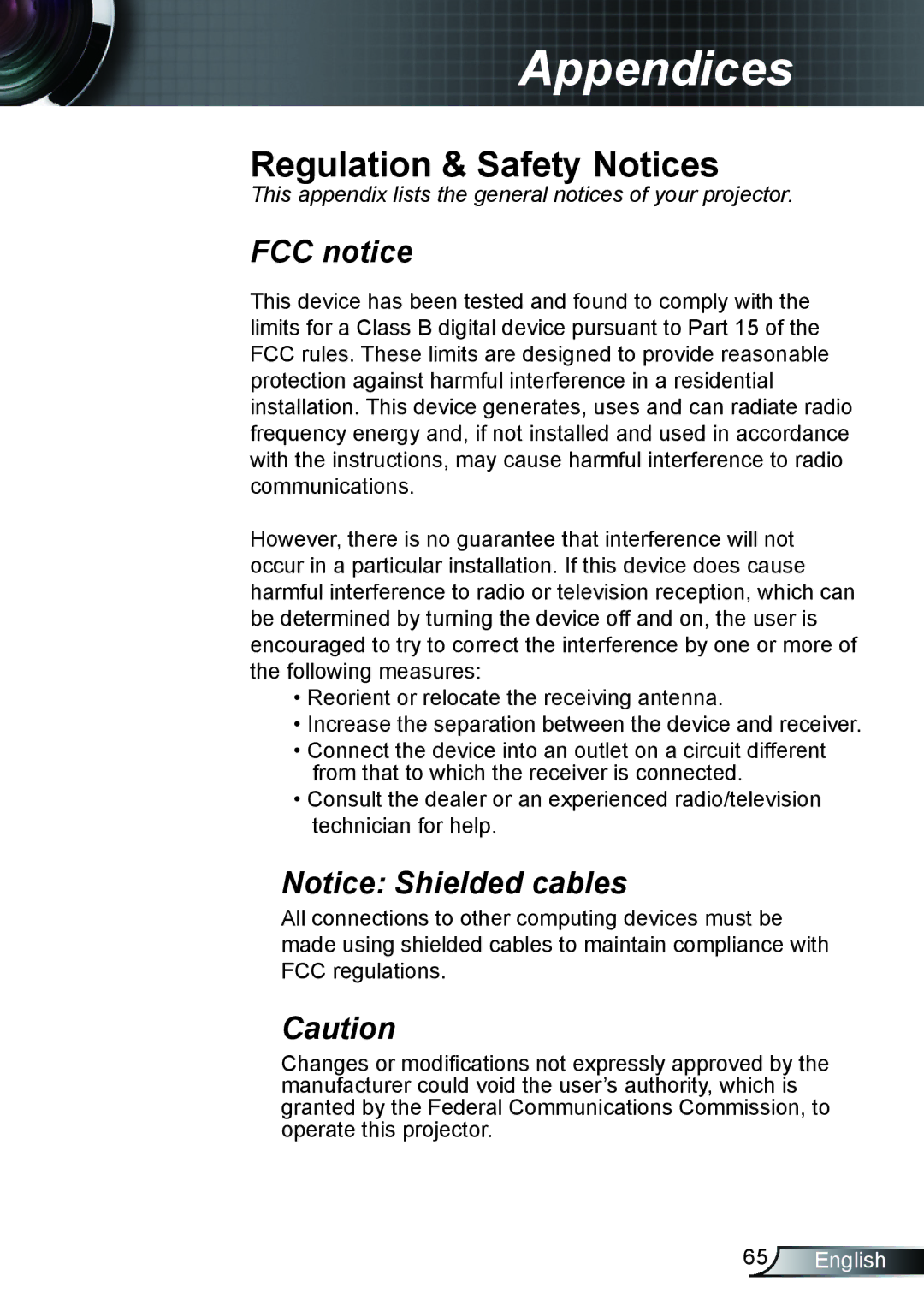 Optoma Technology TX610ST manual Regulation & Safety Notices, FCC notice 