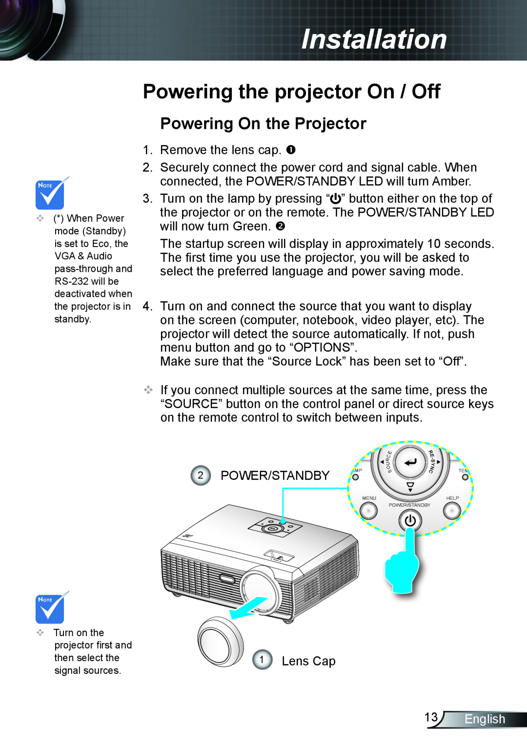 Optoma Technology TX610ST manual Powering the projector On / Off, Powering On the Projector, English, Installation 