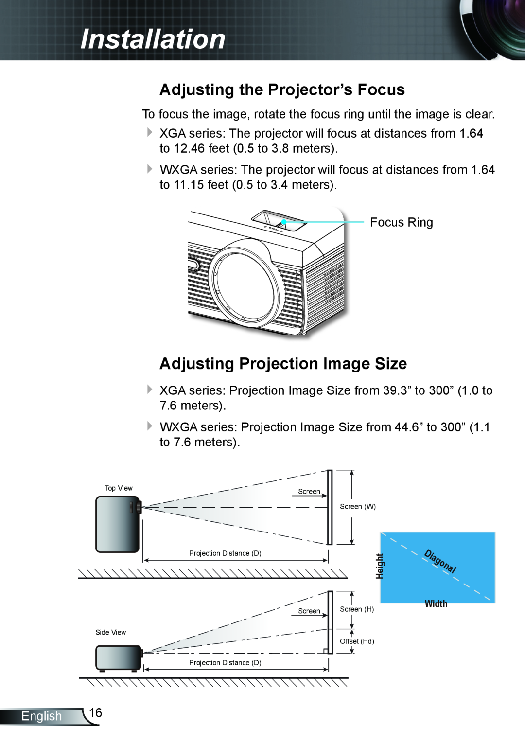 Optoma Technology TX610ST Adjusting the Projector’s Focus, Adjusting Projection Image Size, Installation, English, Height 