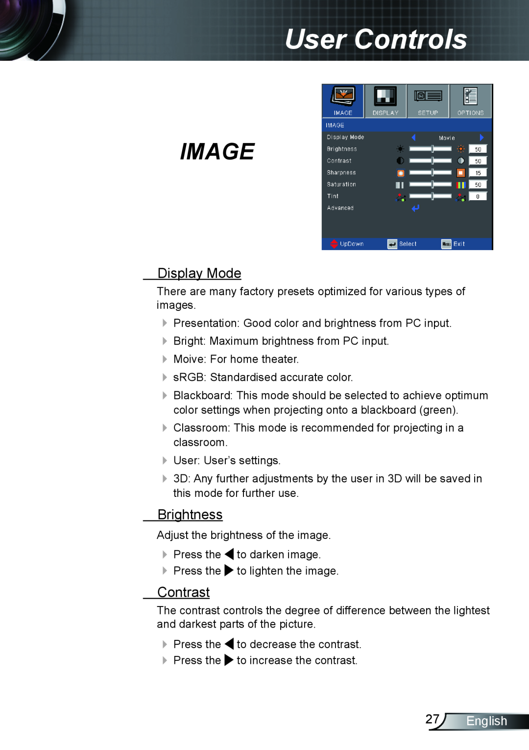 Optoma Technology TX610ST manual Image, Display Mode, Brightness, Contrast, English, User Controls 