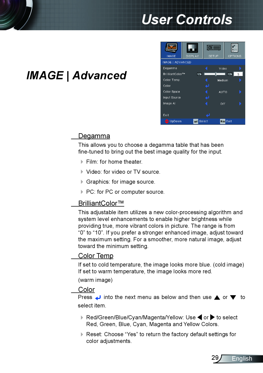 Optoma Technology TX610ST manual IMAGE Advanced, Degamma, BrilliantColor, Color Temp, English, User Controls 