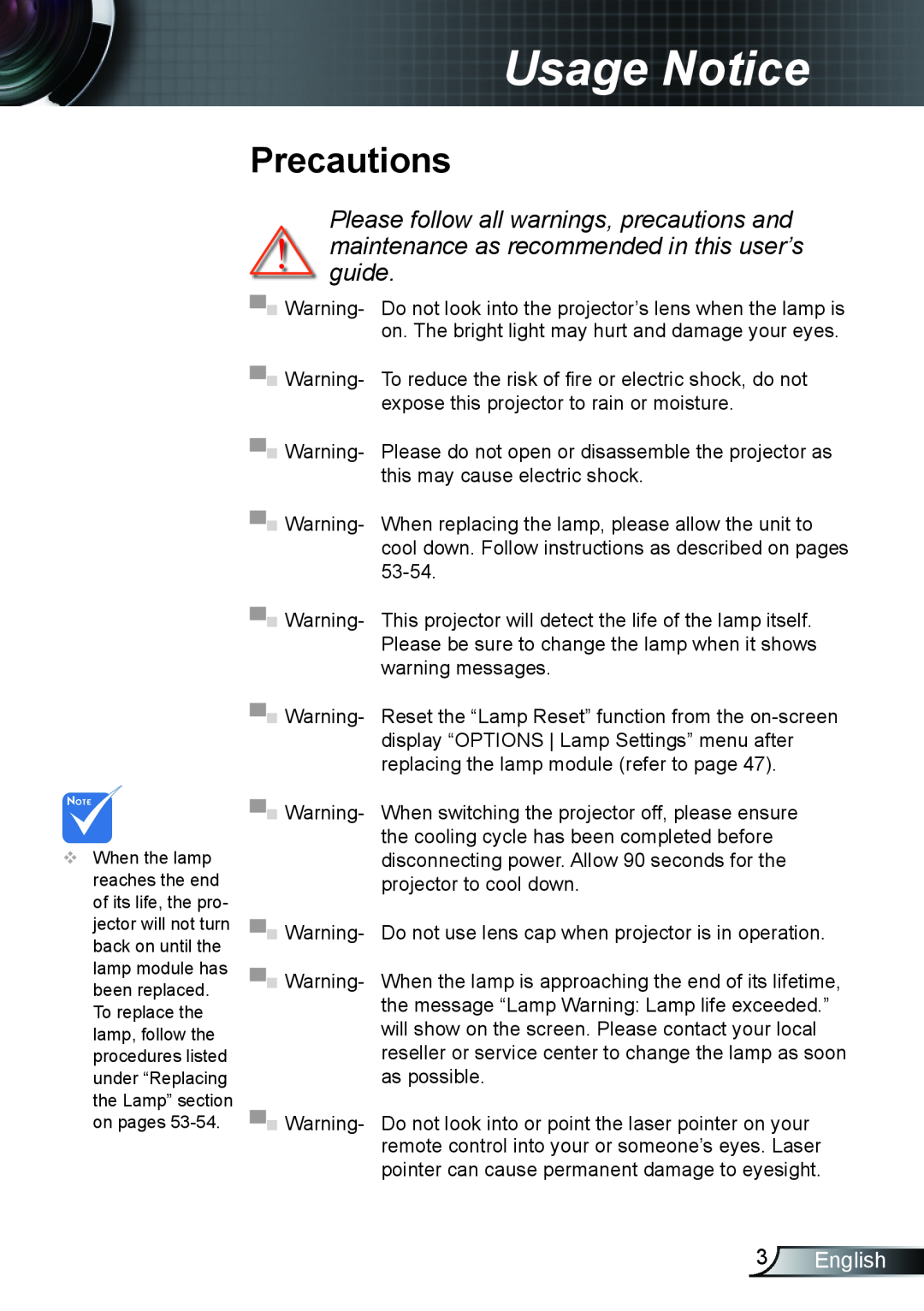 Optoma Technology TX610ST manual Precautions, English, Usage Notice 