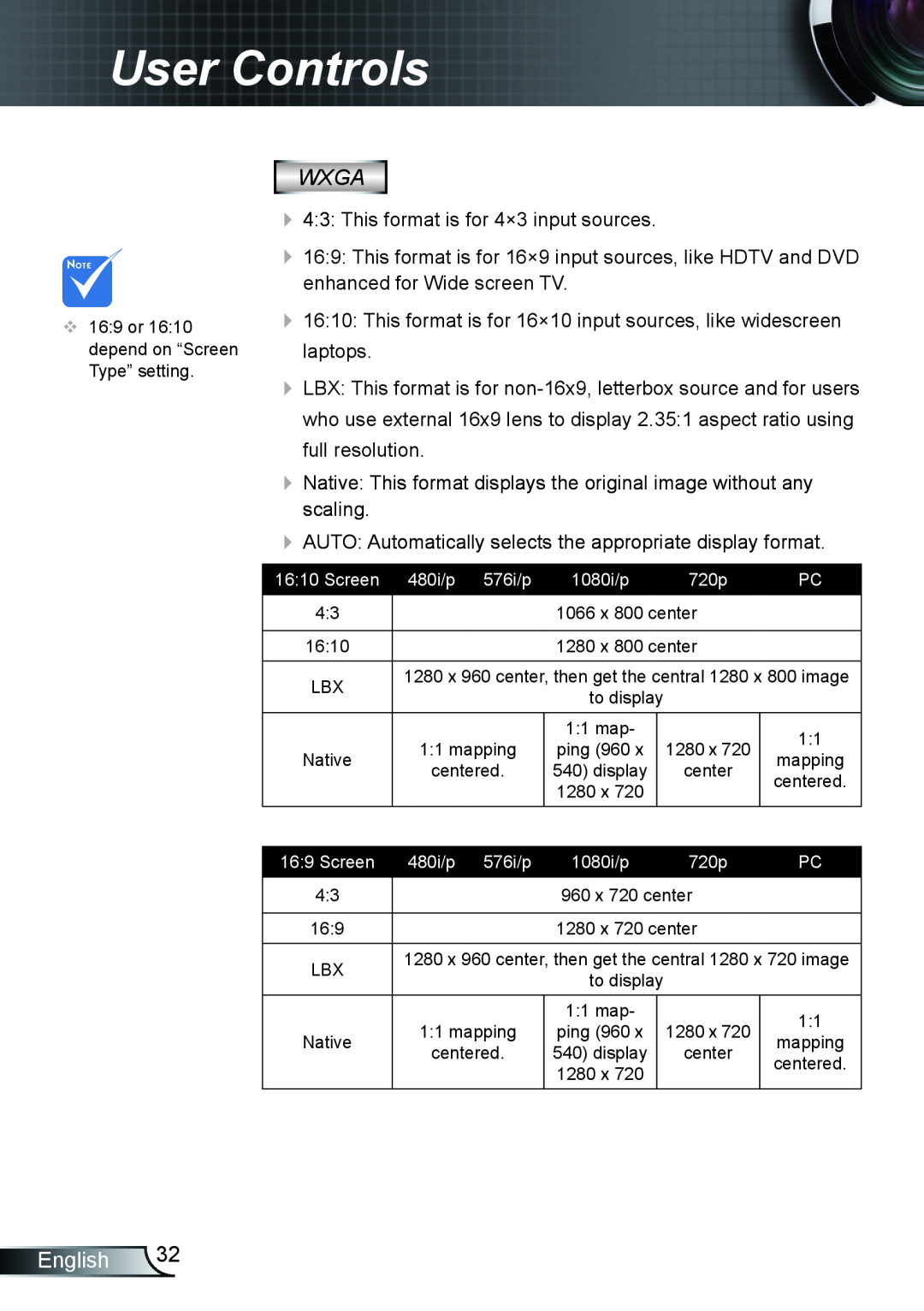 Optoma Technology TX610ST manual User Controls, Wxga, English, Screen 