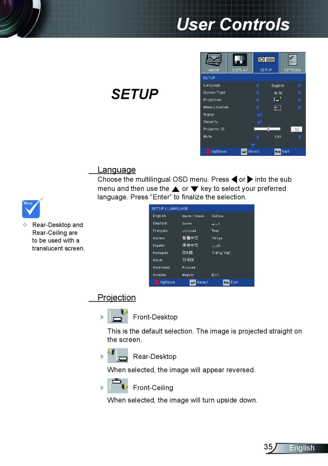 Optoma Technology TX610ST manual Setup, Language, Projection, English, User Controls 