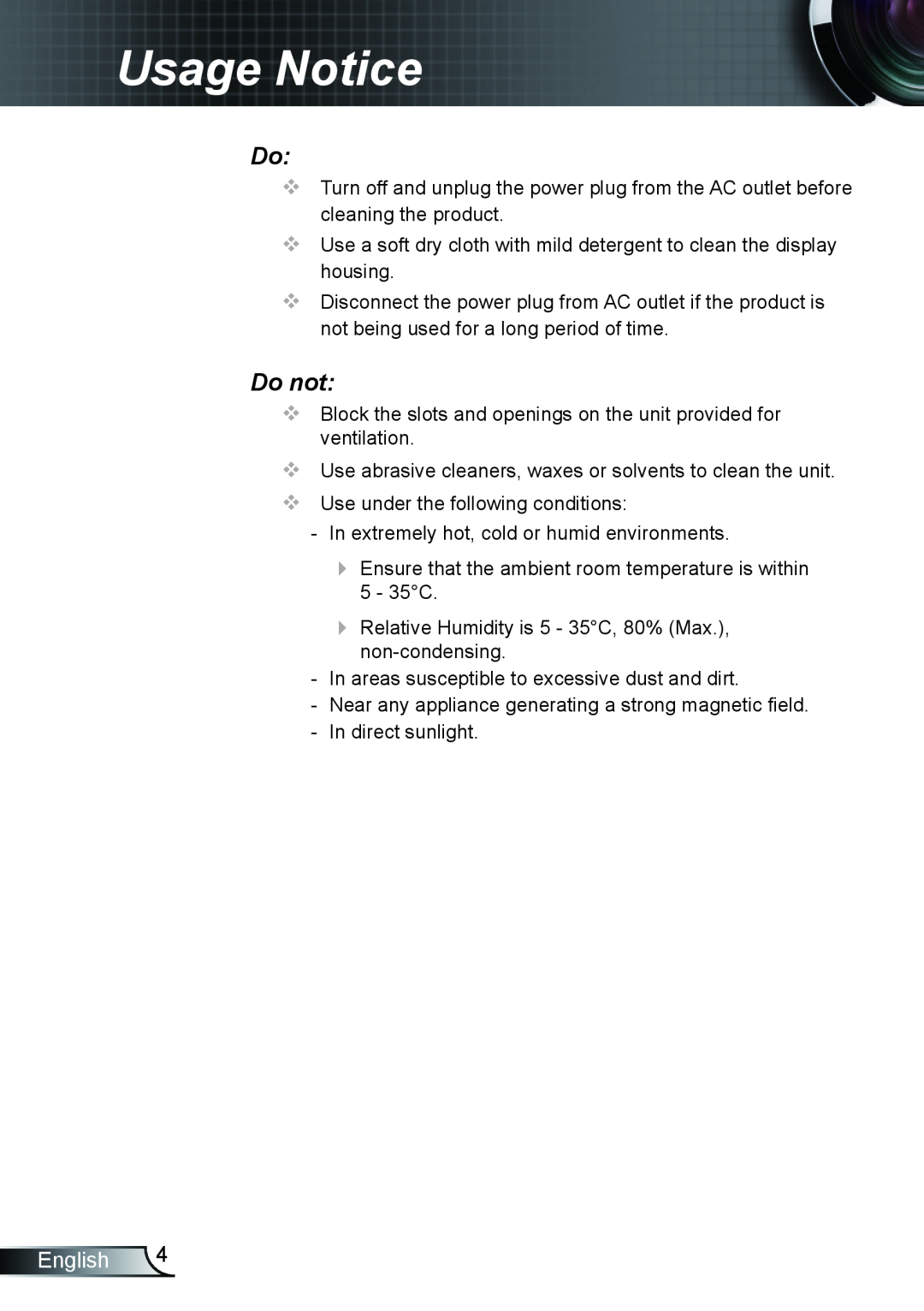 Optoma Technology TX610ST manual Usage Notice, Do not, English 