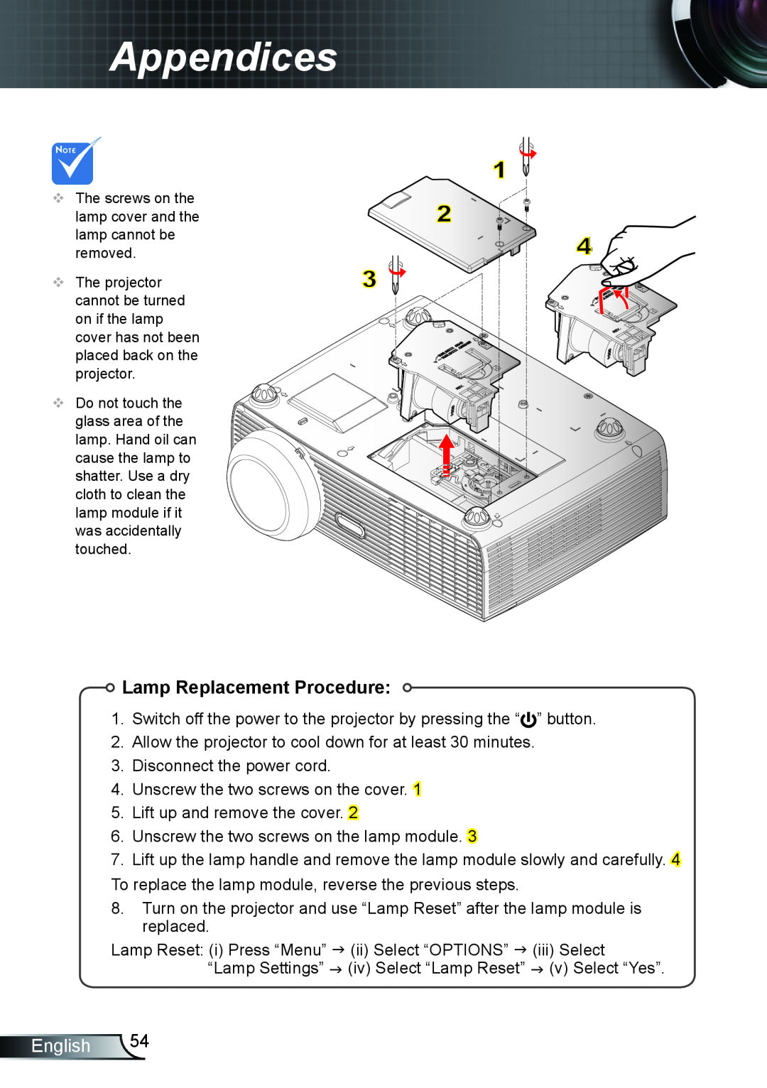 Optoma Technology TX610ST manual Lamp Replacement Procedure, Appendices, English 