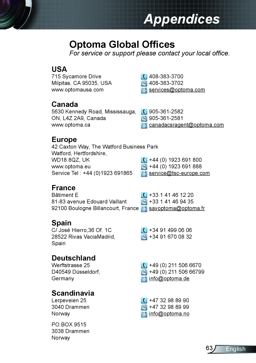 Optoma Technology TX610ST manual Optoma Global Offices, Canada, Europe, France, Spain, Deutschland, Scandinavia, English 
