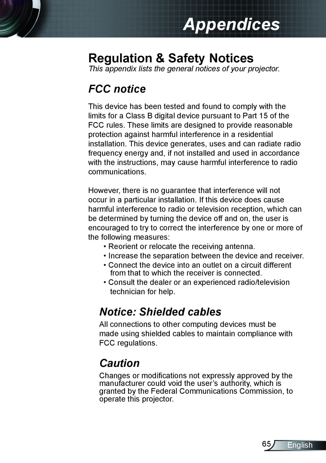Optoma Technology TX610ST manual Regulation & Safety Notices, FCC notice, Notice Shielded cables, English, Appendices 