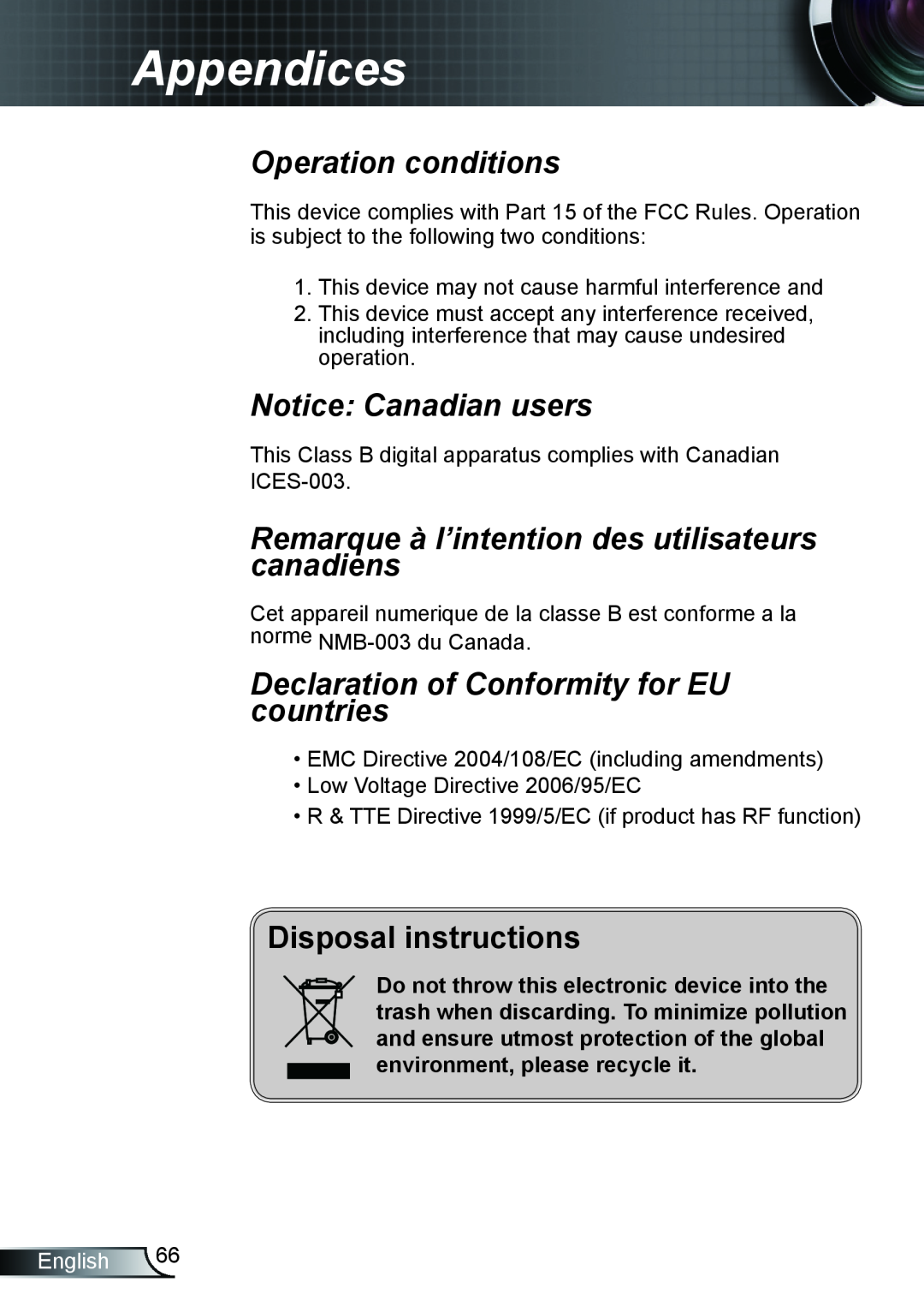 Optoma Technology TX610ST Operation conditions, Notice Canadian users, Remarque à l’intention des utilisateurs canadiens 