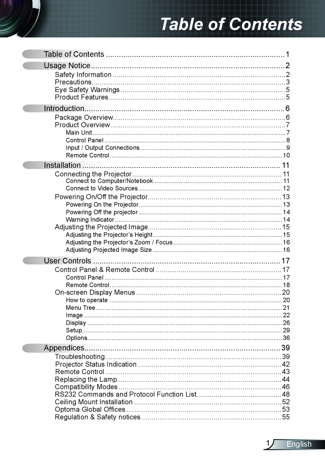 Optoma Technology TX612 manual Table of Contents 