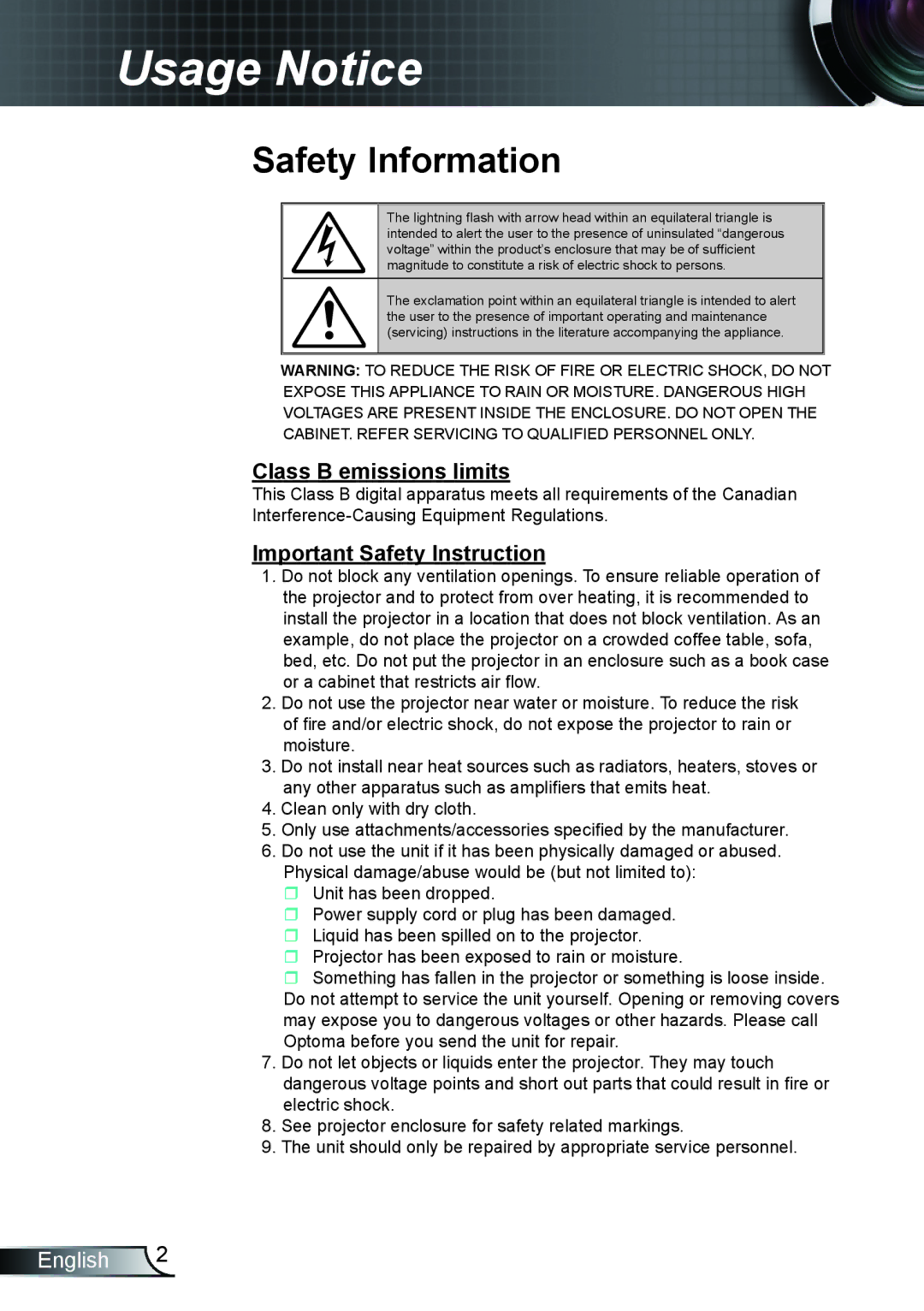 Optoma Technology TX612 manual Usage Notice, Safety Information 