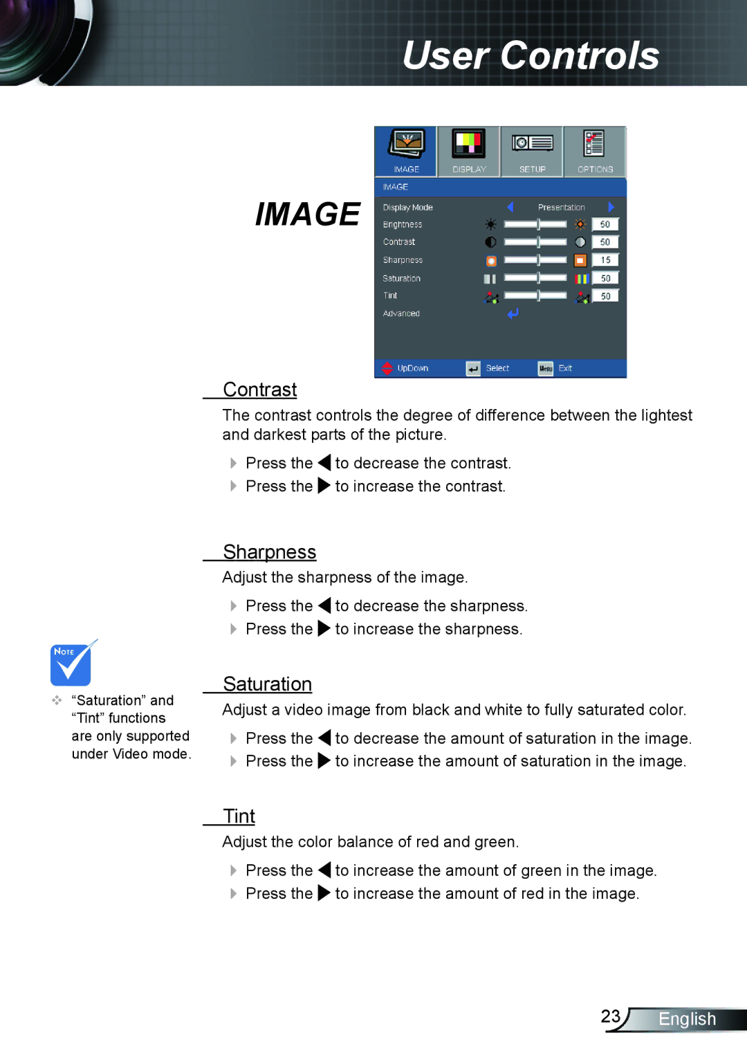 Optoma Technology TX612 manual Contrast, Sharpness, Saturation, Tint 