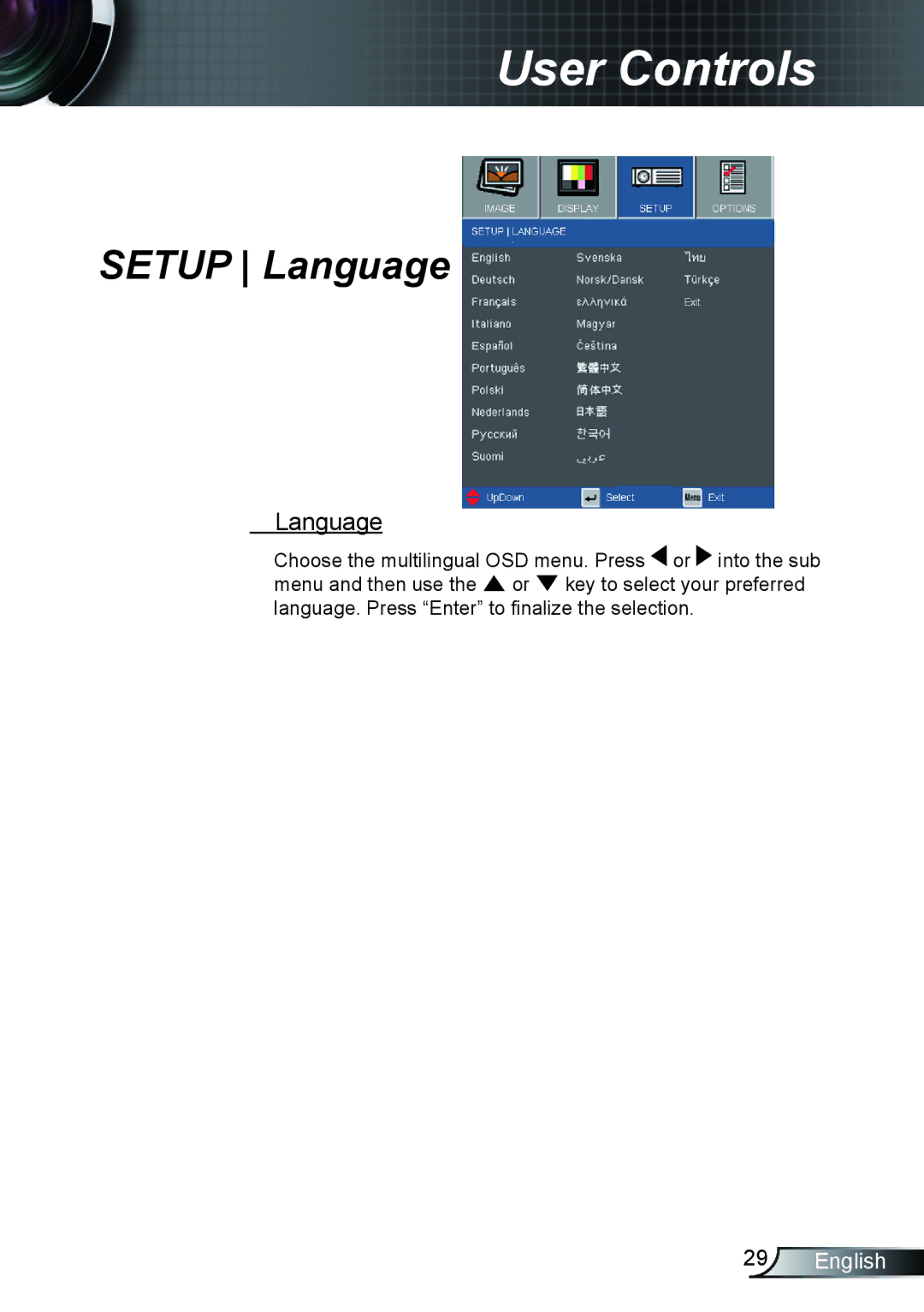 Optoma Technology TX612 manual Setup Language 