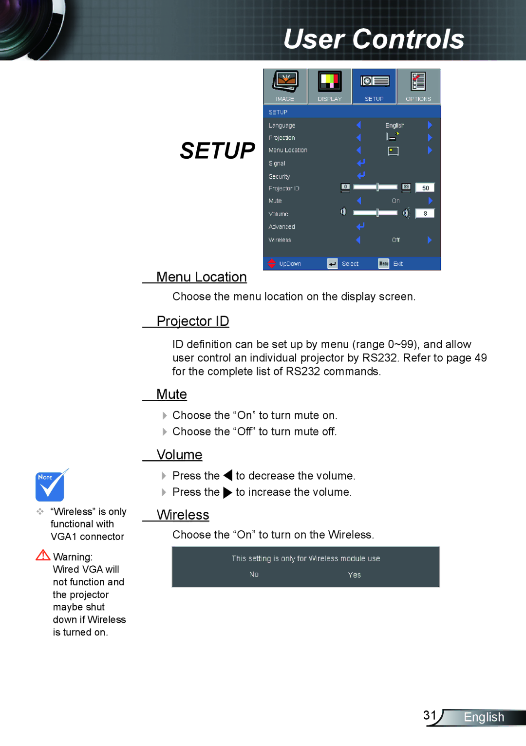 Optoma Technology TX612 manual Menu Location, Projector ID, Mute, Volume, Wireless 