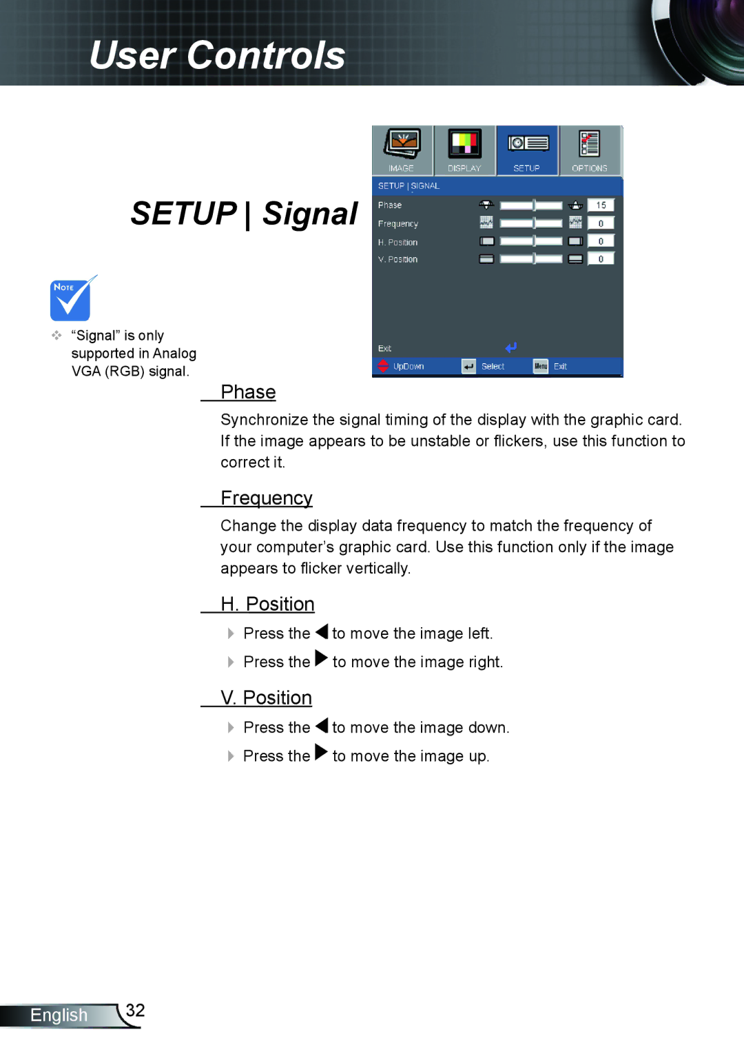 Optoma Technology TX612 manual Setup Signal, Phase, Frequency, Position 