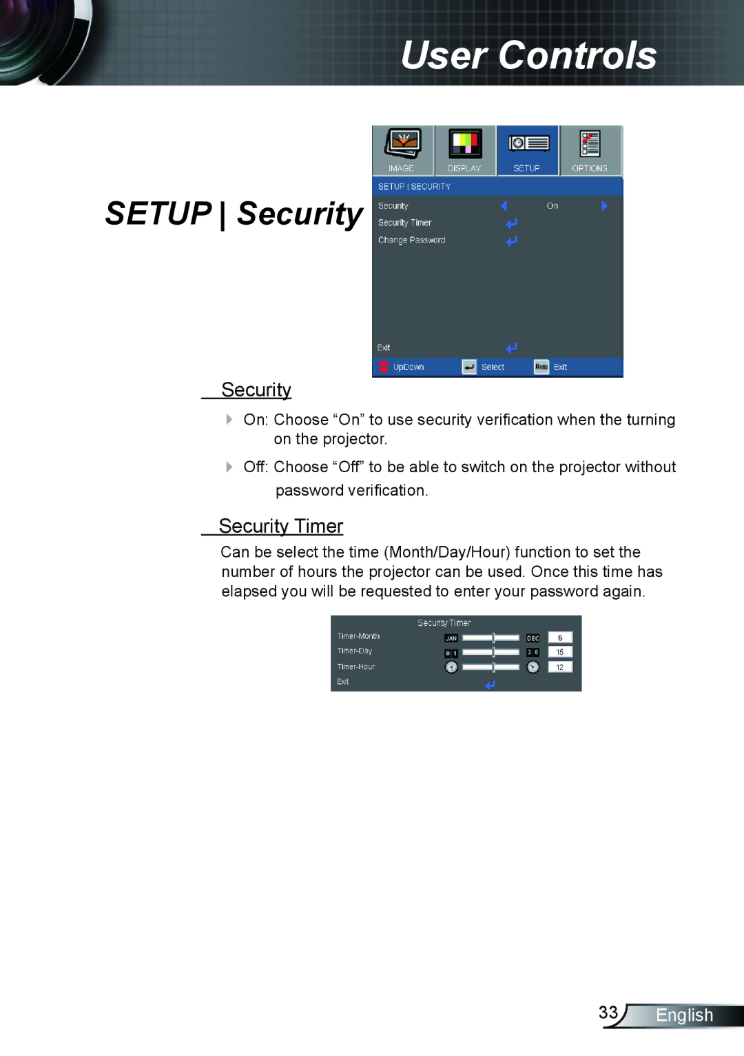 Optoma Technology TX612 manual Setup Security, Security Timer 