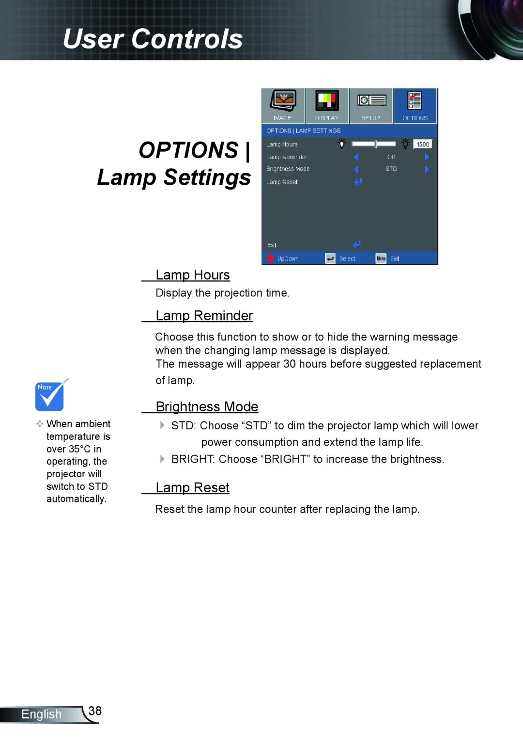 Optoma Technology TX612 manual Options Lamp Settings, Lamp Hours, Lamp Reminder, Brightness Mode, Lamp Reset 