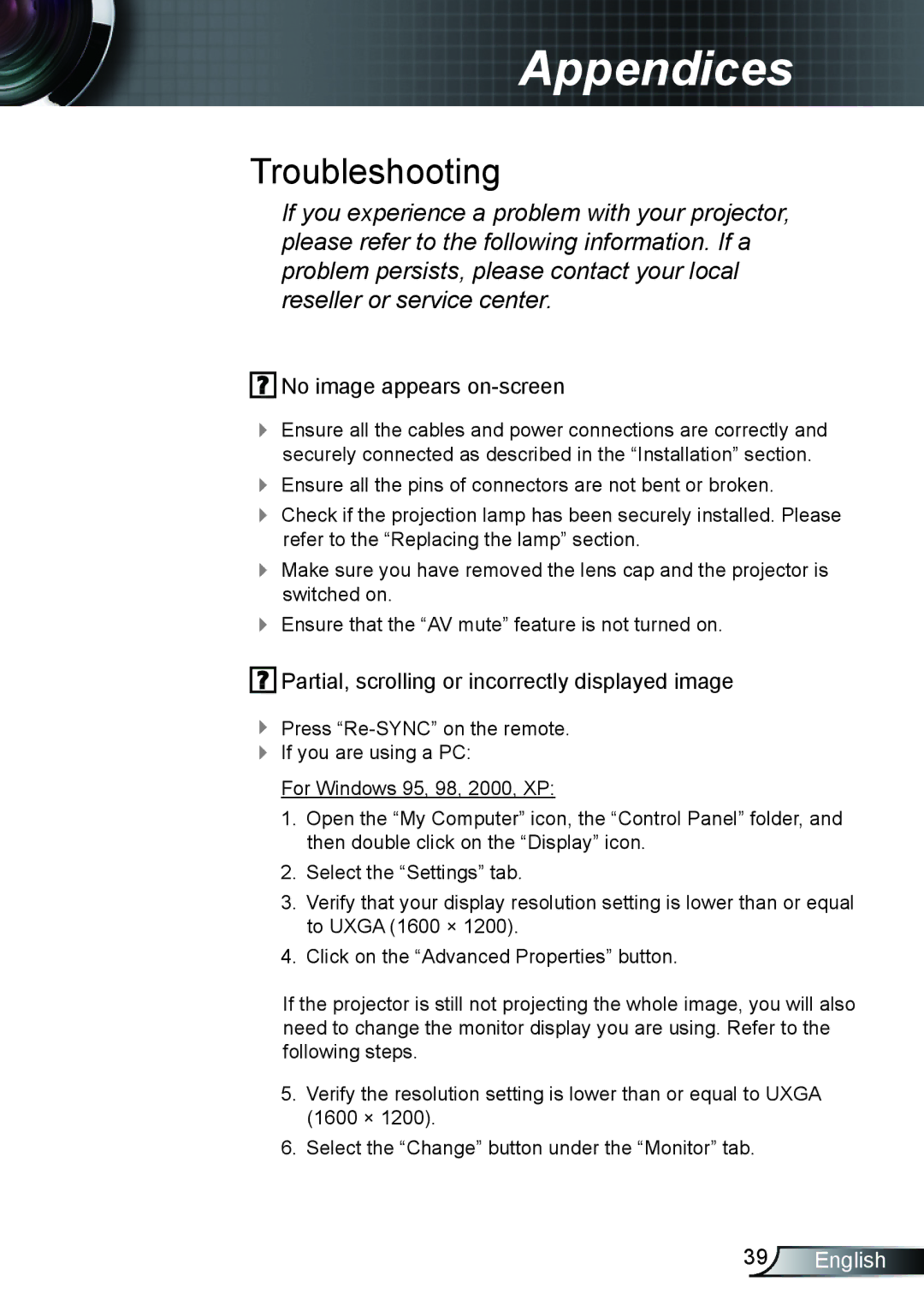 Optoma Technology TX612 manual Appendices 