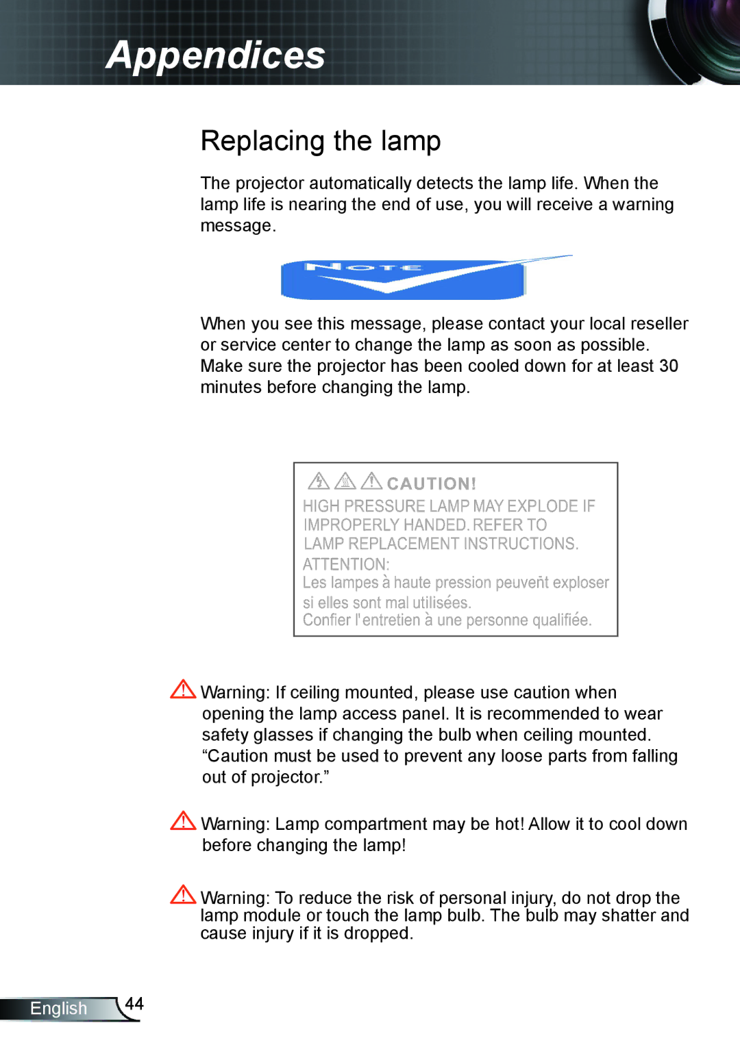 Optoma Technology TX612 manual Replacing the lamp 