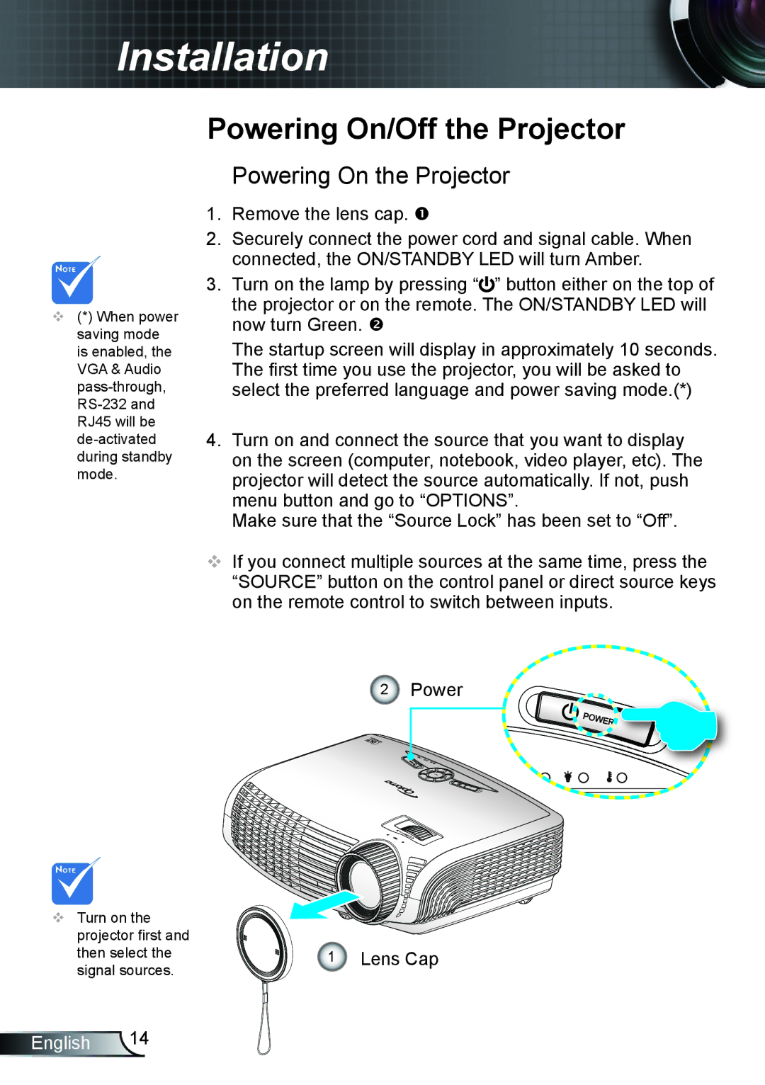 Optoma Technology EX542, TX615, EX615 manual Powering On/Off the Projector, Powering On the Projector 