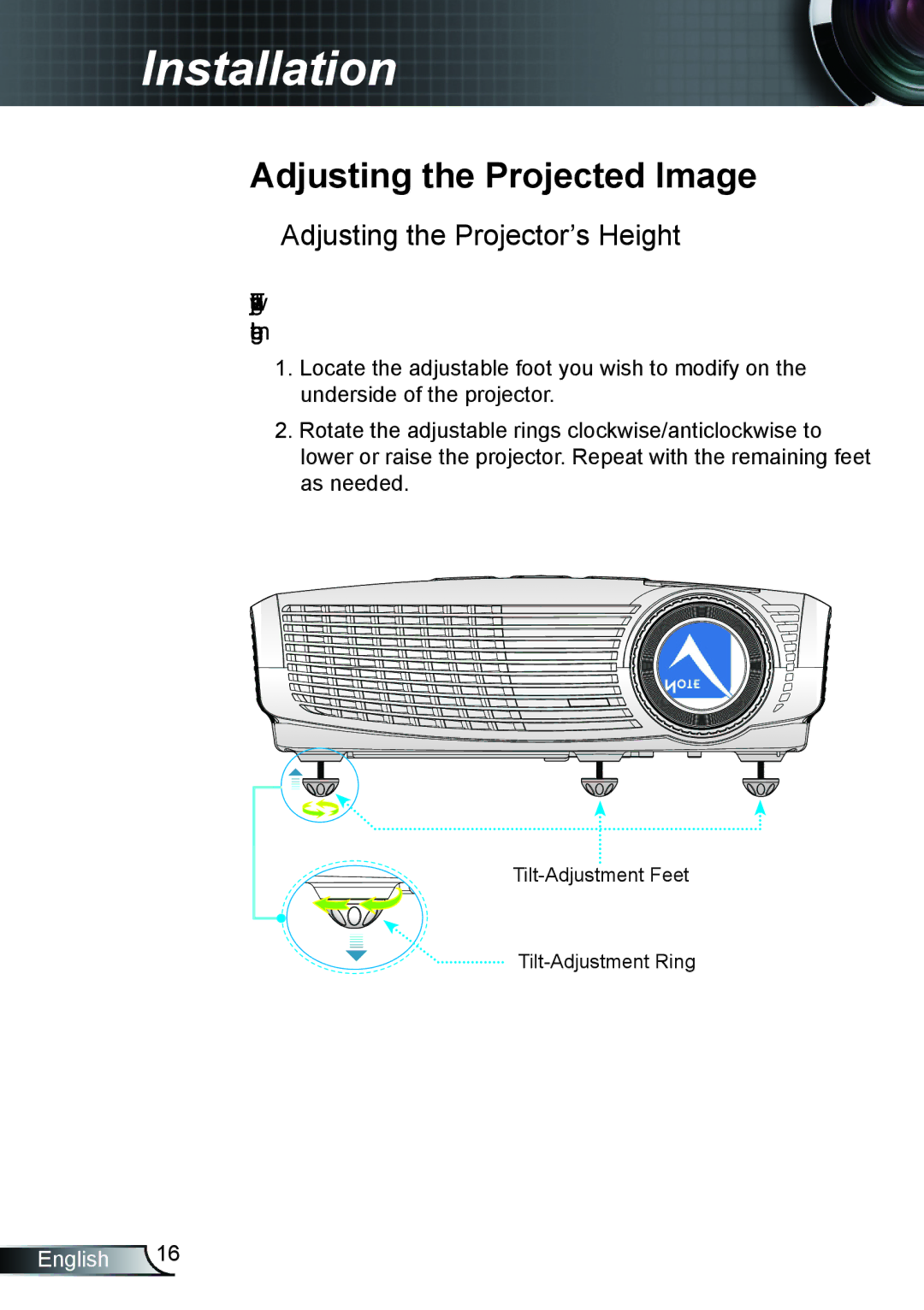 Optoma Technology EX615, TX615, EX542 manual Adjusting the Projected Image, Adjusting the Projector’s Height 