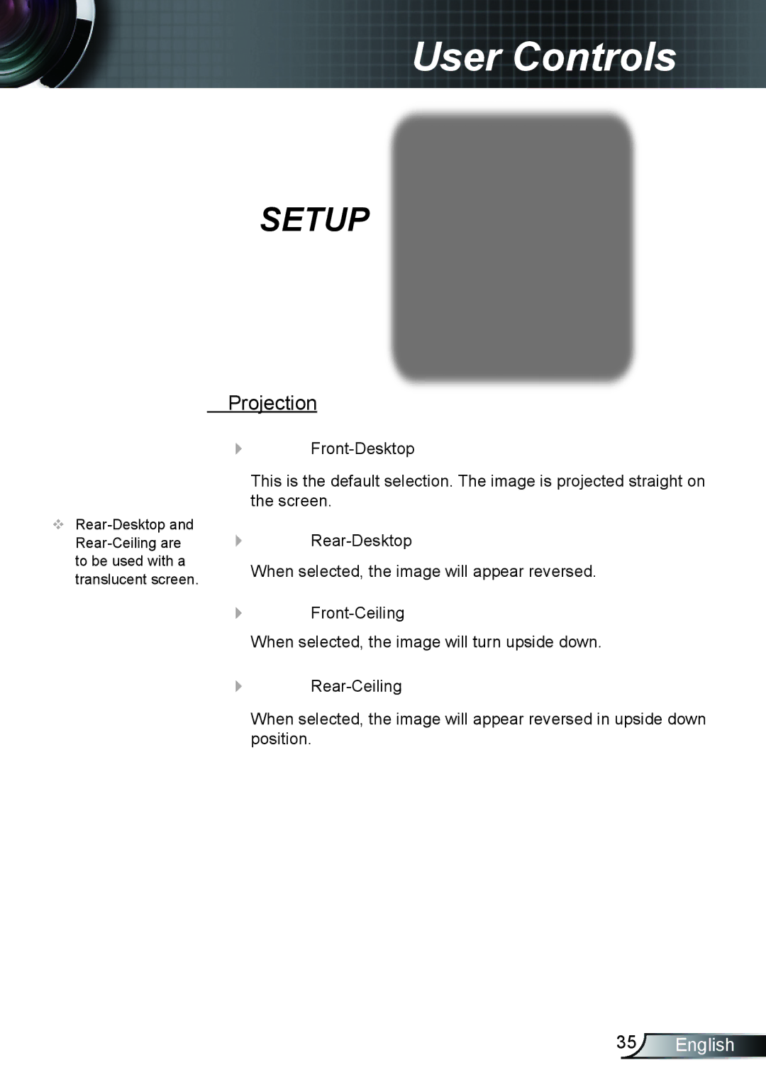 Optoma Technology EX542, TX615, EX615 manual Setup, Projection 