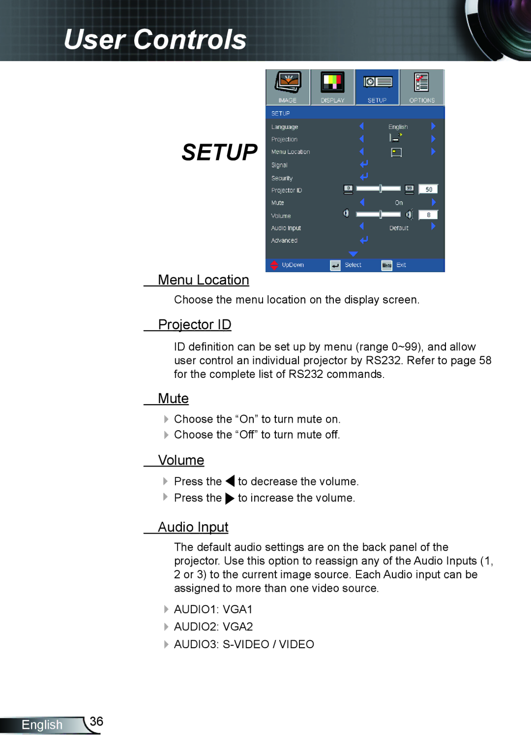 Optoma Technology TX615, EX615, EX542 manual Menu Location, Projector ID, Mute, Volume, Audio Input 