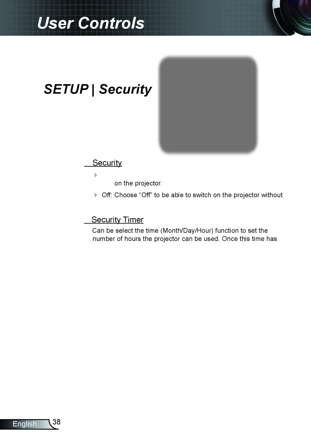 Optoma Technology EX542, TX615, EX615 manual Setup Security, Security Timer 