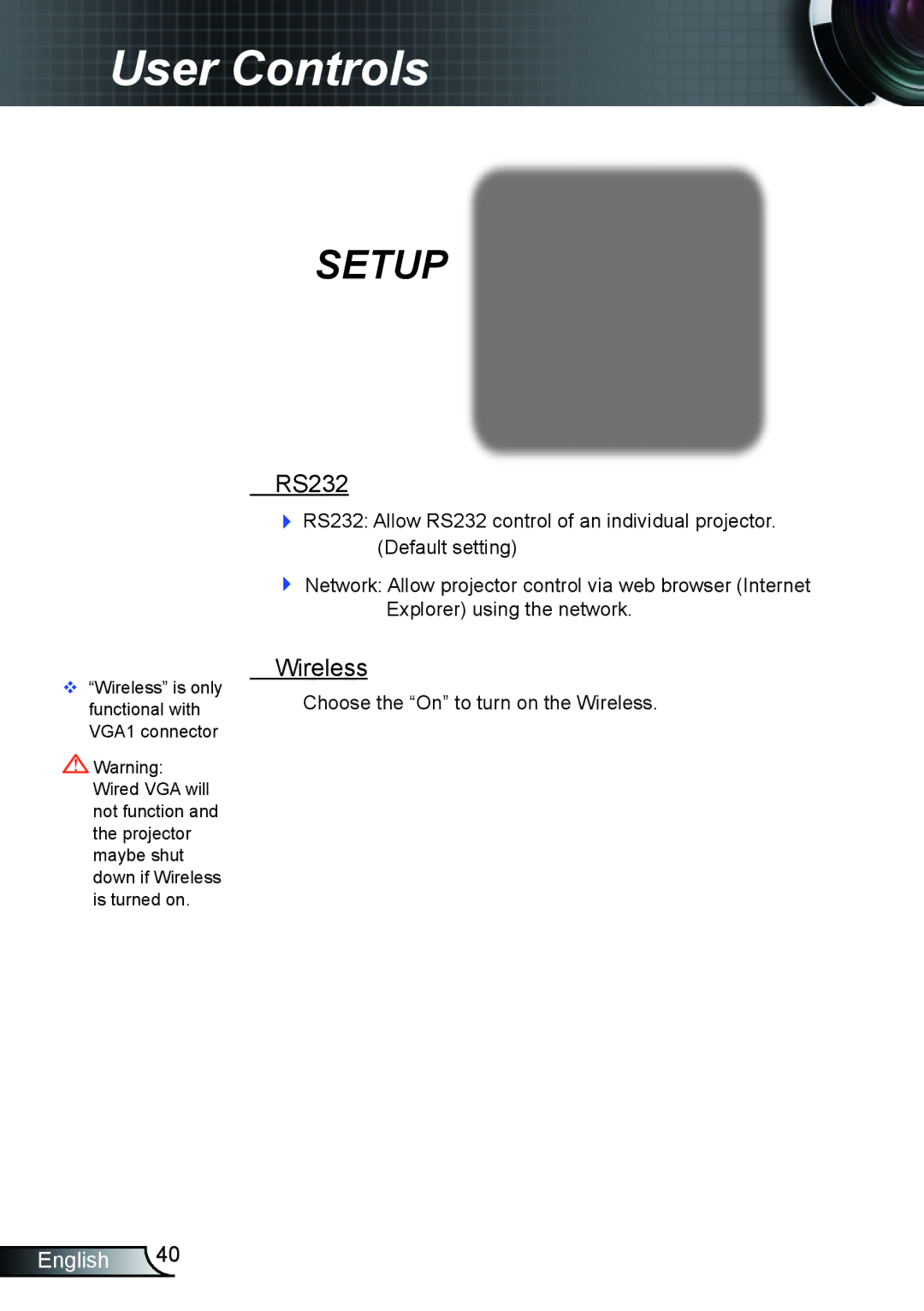 Optoma Technology EX615, TX615, EX542 manual RS232, Wireless 