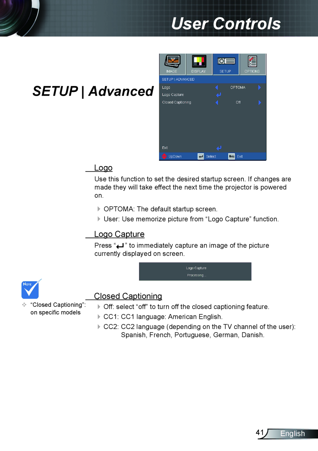 Optoma Technology EX542, TX615, EX615 manual Setup Advanced, Logo Capture, Closed Captioning 