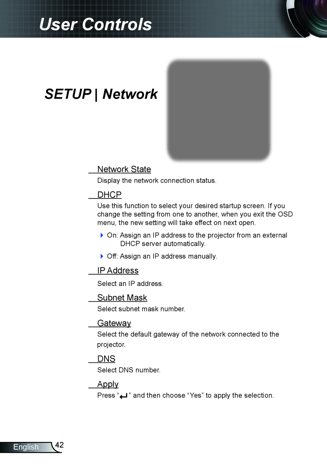 Optoma Technology TX615, EX615, EX542 manual Setup Network 